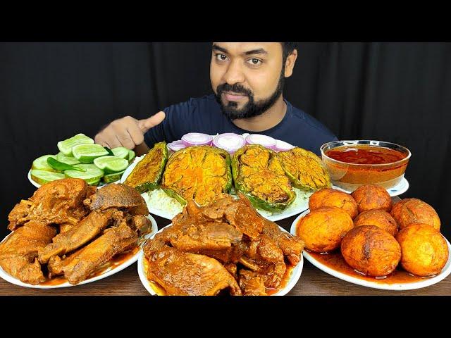 SPICY DUCK CURRY, EGG CURRY, RICE, BRINJAL FRY, SALAD, GRAVY, ONION MUKBANG EATING SHOW | BIG BITES
