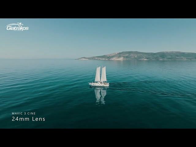 Mavic 3 Cine, Short Video with Normal and Tele Camera. Aerial Filming of Sailboat in Calm Sea.