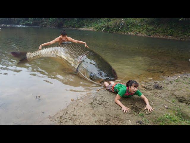 Primitive Daily Life - Big Fish Attack Smart Girl - Amazing Survival Unique Hand Fishing Catch Fish