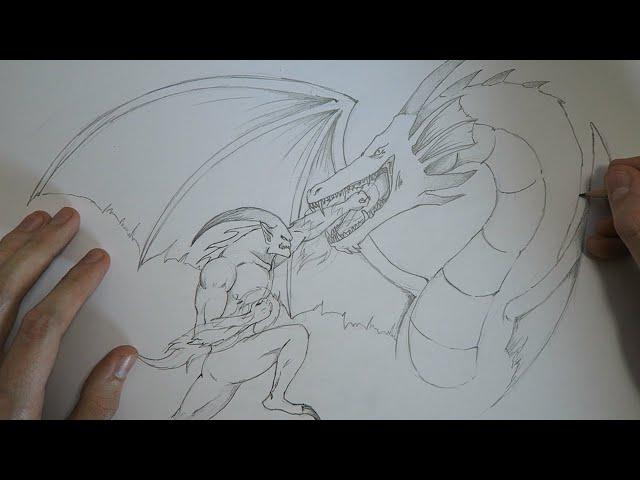 How To Draw Epic Battle Scene | Monster VS Dragon Step by Step Pencil Sketch Drawing