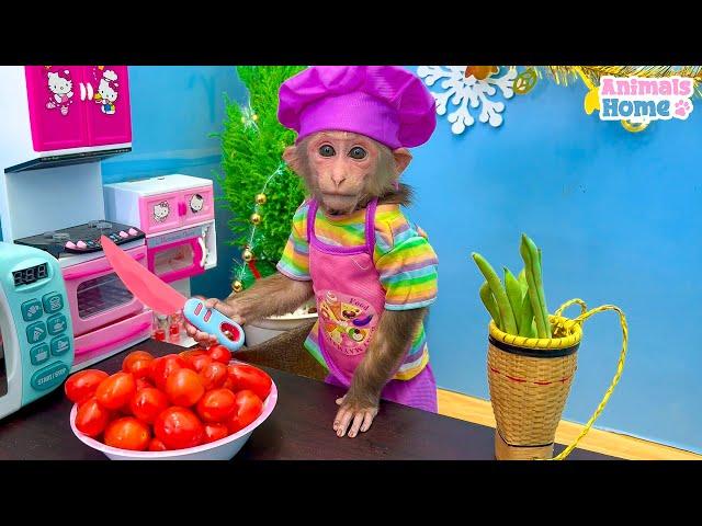 Chef BiBi harvests string beans to feed baby monkey Obi