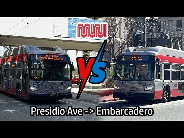 ⁴ᴷ BATTLE EP12 | SF MUNI Routes 1 vs 2: Presidio Ave to Embarcadero, which one's faster?