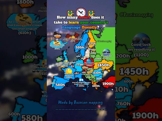 How many hours does it take to learn your country's language fluently? #europe #geography #mapping