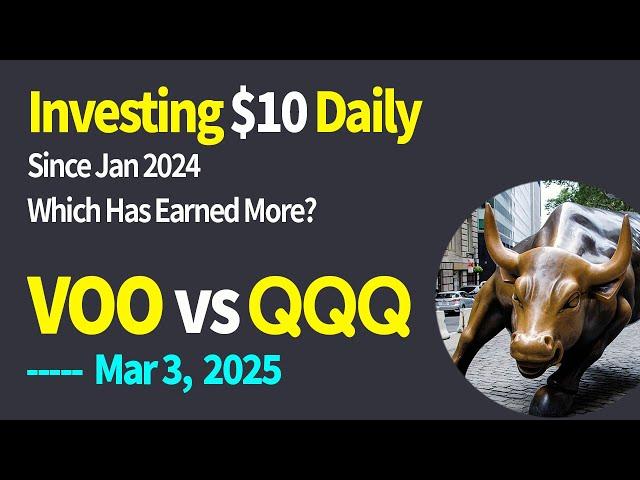 (March 3, 2025) VOO VS QQQ. The Winner 2:32. Investing my own money in both stocks daily.