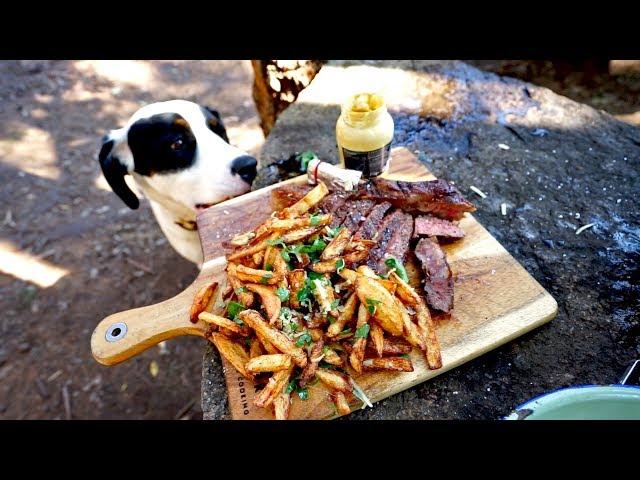 MY ULTIMATE STEAK AND FRIES over a fire camping - dry aged ribeye