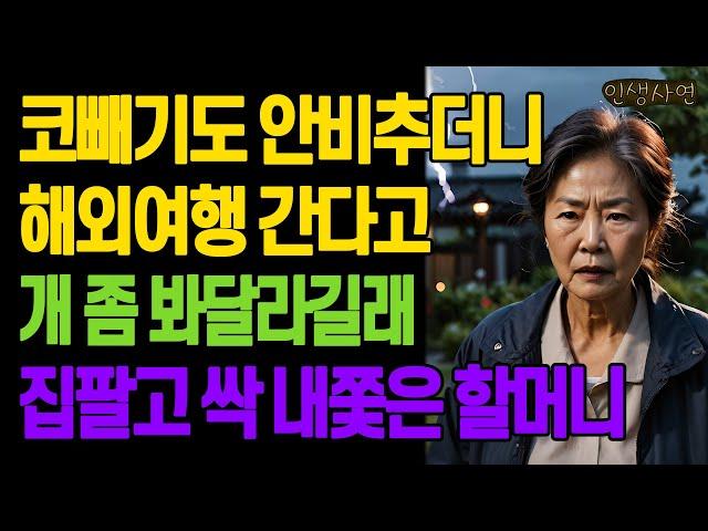 5년동안 코빼기도 안비추더니 해외여행 간다고 개 좀 봐달라길래 집팔고 싹 내쫓은 할머니 노년의 삶의 지혜 행복한 노후생활 부모자식갈등 사연 이야기 오디오북