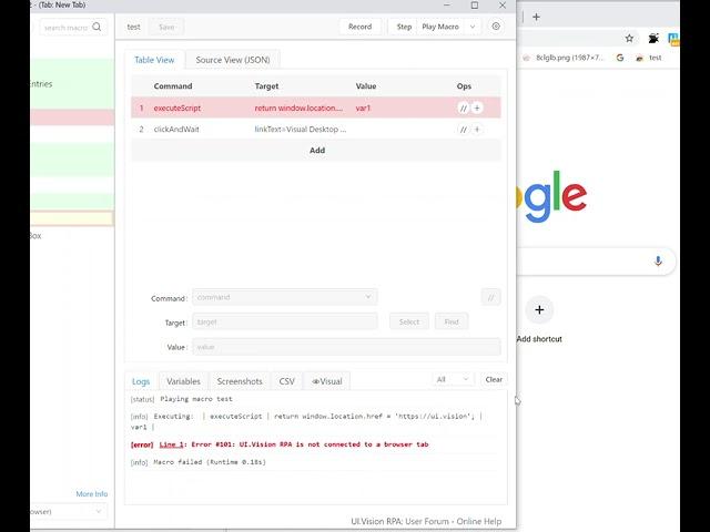 UI Vision RPA - "Error #101" explained