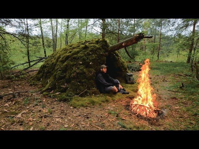 Crafting a MOSS covered Survival Shelter | Bushcraft | Hand Fishing, Baking Bread, Catch and Cook