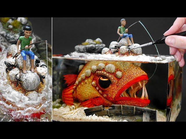 MONSTER FISH disguised as rocks!, diorama, Resin Art, Polymer Clay