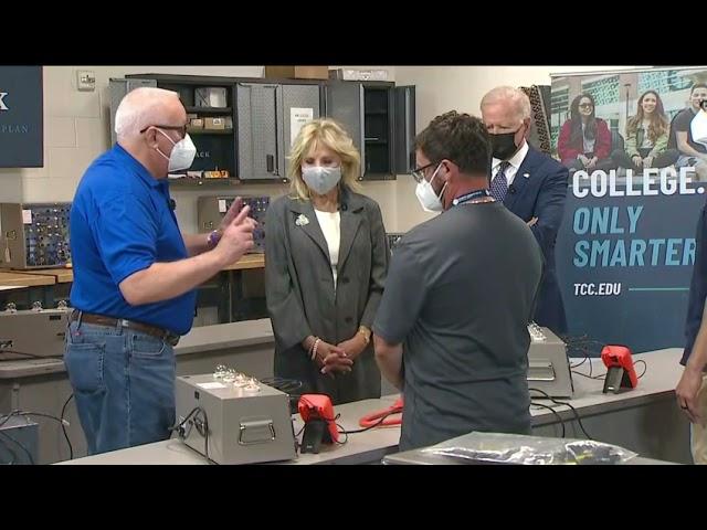 Joe Biden and Jill Biden visit a workshop at a community college in Virginia