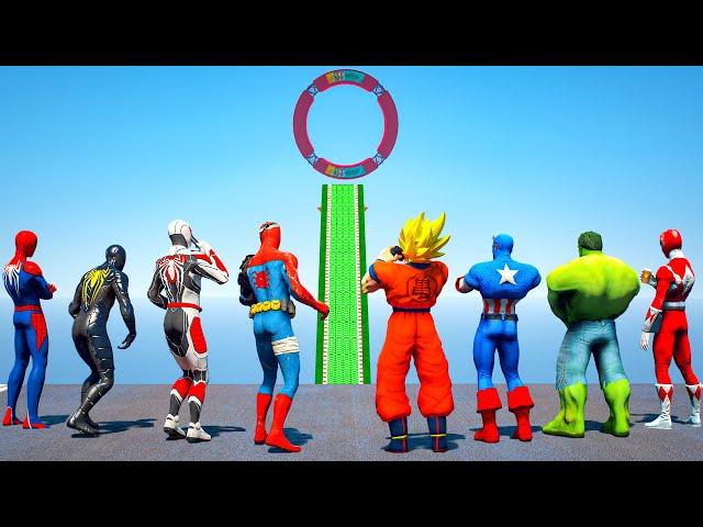 Hulk, Power Rangers VS SPIDERMAN SUITS | SUPERHEROES Racing Challenge Sea Ramp Competition Ep.475