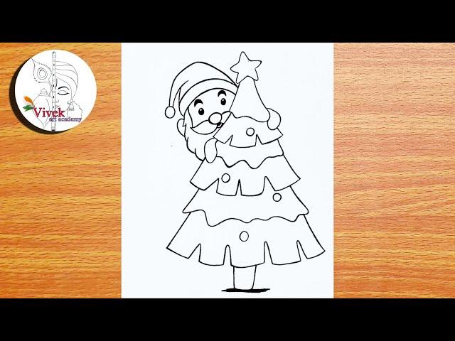 How to Draw Santa Claus behind Christmas Tree | Easy Drawing | Christmas Drawing Easy