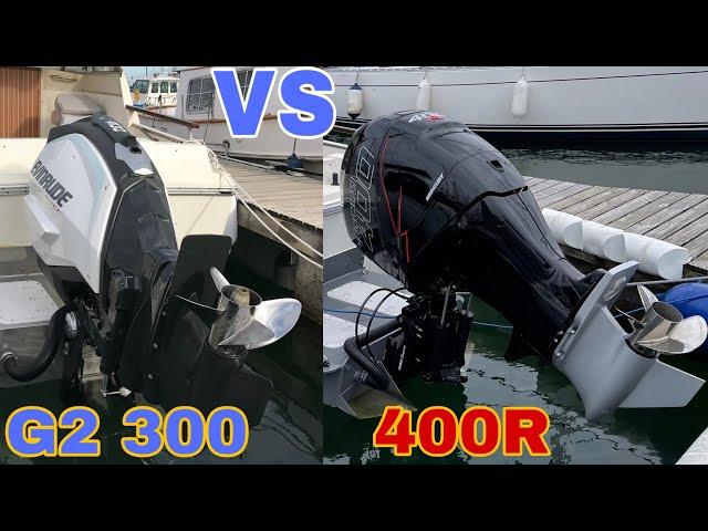 MERCURY 400R vs EVINRUDE G2 300 outboard COMPARISON on SAME TEST BOAT (Boat Tech) TOP SPEED TESTED