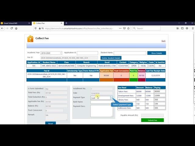 How to collect fees in fees collection systm using Smart School MIS