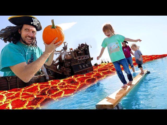 PiRATE Pumpkin DROP TEST! Spooky Family Challenge! hot lava beach dropping from 45ft (what's inside)