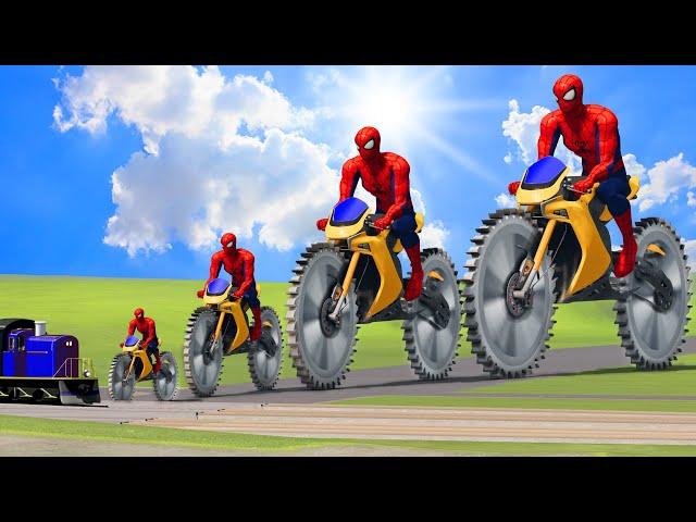 Big & Small Spiderman on a motorcycle with Saw Wheels vs Thomas the Tank Engine Train | BeamNG.Drive