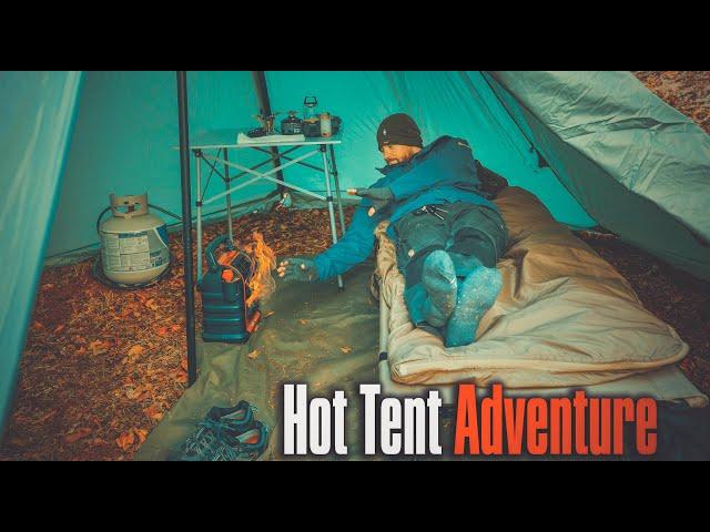 Cold Weather Camping in a Massive Hot Tent : New Camp Site, Cooking, Wood Processing, and Shed