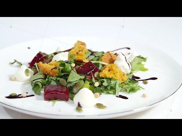 Cucumber salad with grilled tuna. Arugula and Beet Salad with Goat Cheese and Candied Nuts. Salad of