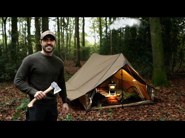 Solo Camping in 'Cabin' Tent with Woodstove, Dog, and a Winter Stew