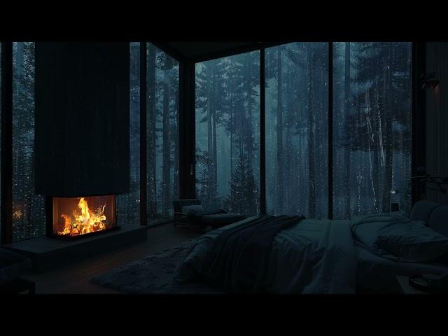 Soothing Rain & Fireplace Crackles in Cozy Shelter ️ Fall Asleep with Thunder Sounds in Forest