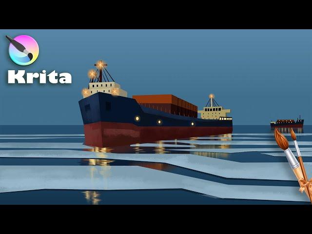 Digital illustration of Cargo ship - Concept art- Krita drawing tutorial - Painting by Pallab Biswas