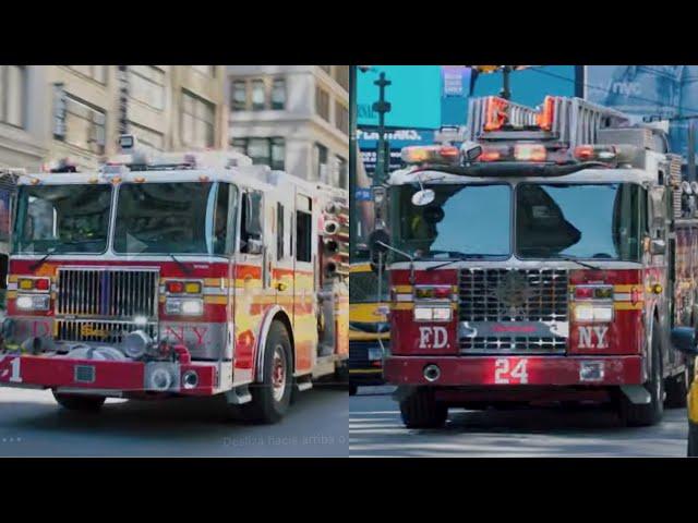 FDNY Ladder 24 Engine 1 responding to structure fire [Heavy Q siren and airhorn!!