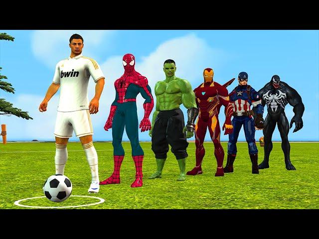 Spider-Man with challenge your soccer skills vs ronaldo vs messi vs Hulk vs iron man | 5 superhero