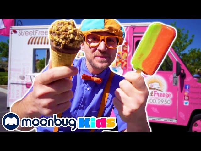 BLIPPI Explores an Ice Cream Truck | Nursery Rhymes & Kids Songs | Moonbug Kids Play and Learn