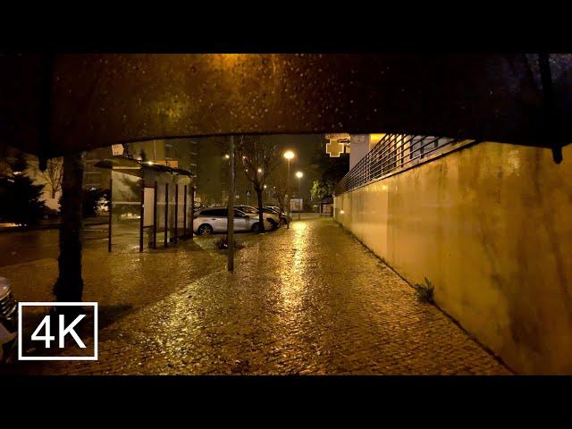 4K Lisbon -Night Walk in the Rain - Winter Tour - ASMR sounds