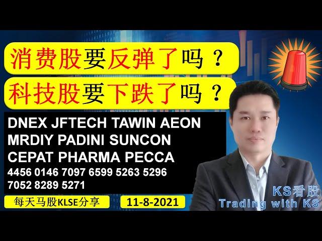 KS看股- 每天马股KLSE分享 - 11-8-2021 - 消费股要反弹了吗 ？ 科技股要下跌了吗 ？DNEX JFTECH TAWIN AEON MRDIY PADINI SUNCON CEPAT