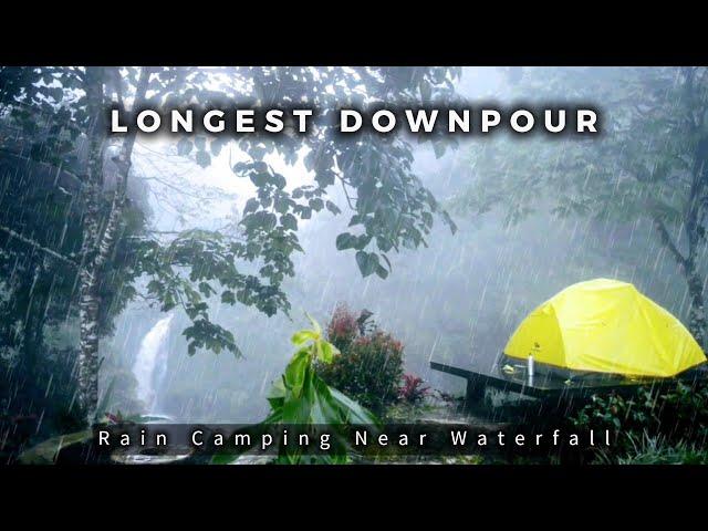 ️ SOLO RAIN CAMPING near waterfall, downpour and thunder (Soothing Rain Sound)