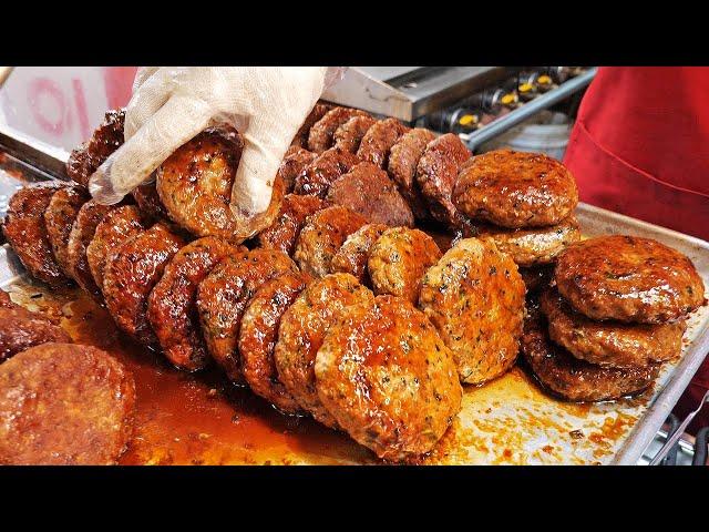 Giant Meatballs, Grilled Rib Patties, Hamburger Steak, TTeokgalbi / Korean Street Food / Korea - 4K