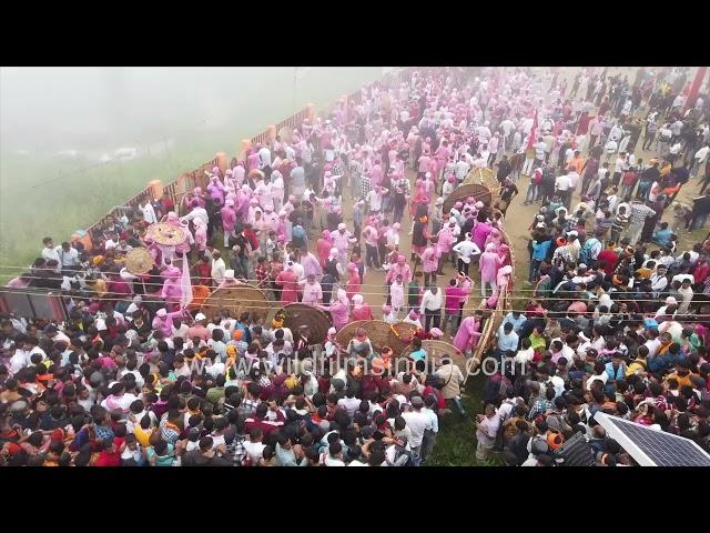 Himalayan people crowd together at Devidhura Festival in Champawat, Uttarakhand, for stone pelting