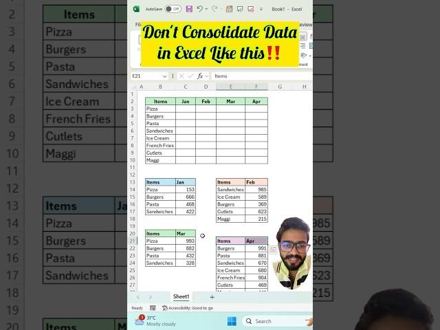 Don't Consolidate Data Manually in Excel‼️Instead Use Amazing Trick |Day 21 | Learn Excel #exceltips