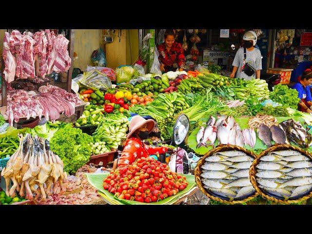 Asian food market scenes, Cambodian early morning food market, massive food supplies