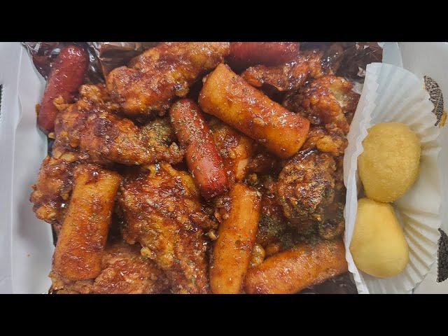 Jamaican sausage and rice cake chicken Korean mukbang eating show