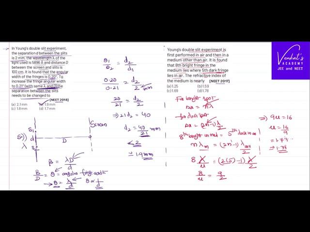 NEET 2017 and NEET 2018 Young's double slit experiment question angular fringe width