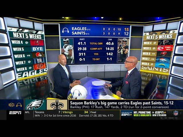 Tim Hasselbeck reacts to Saquon Barkley takes off for a 65-yard TD, Eagles beat Saints 15-12 in Wk 3