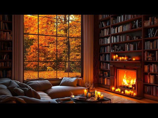 Cozy Autumn Reading Nook Relaxing Fireplace Sounds and Rustling Leaves Falling in Late Autumn