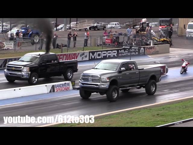 Huge Cummins Ram vs Built Duramax Diesel Drag Race