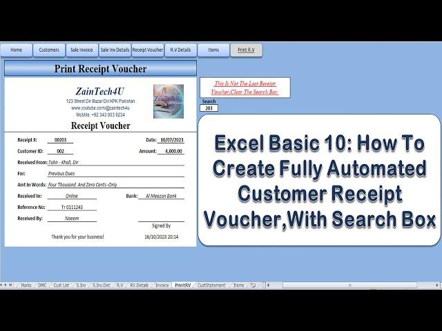 Excel Basics 10. How To Create Automated Receipt Voucher In Excel | Invoice Payments | Receipt Bill