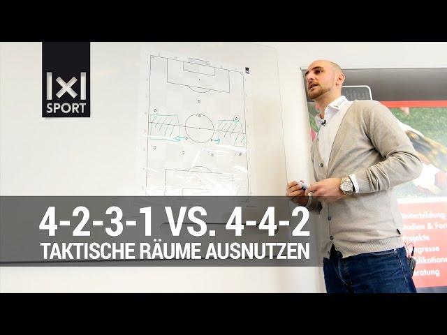 Taktische Räume im 4-2-3-1-System gegen das 4-4-2 System ausnützen. #Fußballtaktik