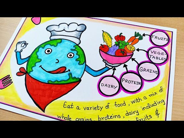 World Food Day Drawing | World Health Day Poster | Eat safe Eat Healthy | Balanced Diet Poster