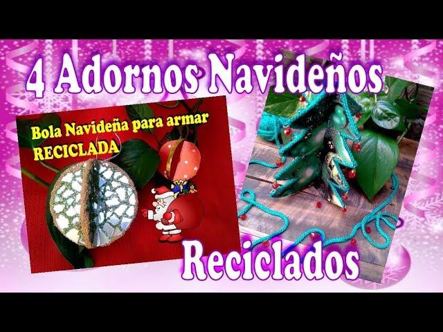 4 Adornos Navideños Reciclando Cds, carton, papel de revista, lana