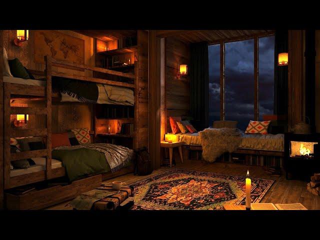 Cozy Cabin Ambience with Gentle Night Rain and Crackling Fireplace Sounds | 8 Hours