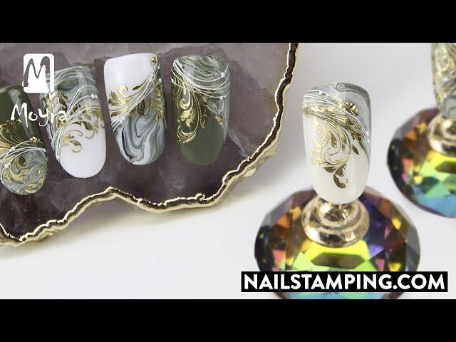 Nail stamping on a marble base with mirror powder (nailstamping.com)