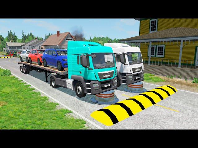 Double Flatbed Trailer Cars Transportation with Truck - Train vs Car - BeamNG.Drive #118