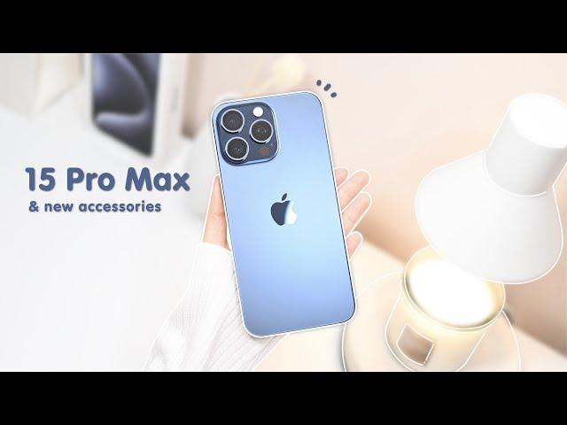 iPhone 15 Pro Max Blue titanium  Unboxing aesthetic setup | USB-C accessories | New Airpods Pro