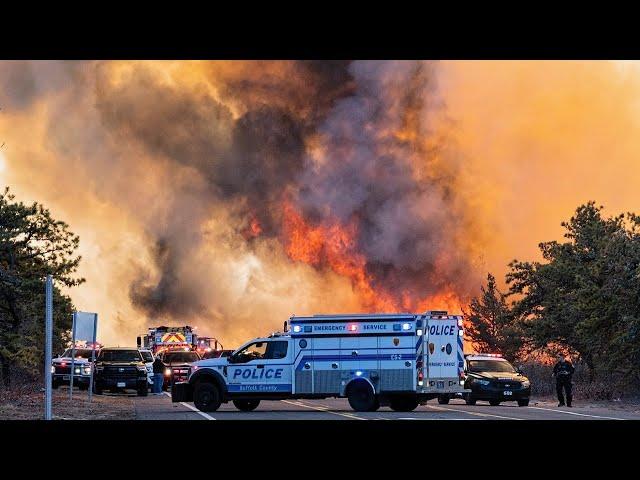 Wind-whipped brush fires continue to burn in Suffolk County