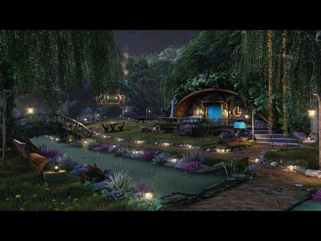 Hobbit Village AmbienceNight Time In The Shire, Calming Nature Sounds, Occasional Rain, Wind Chimes